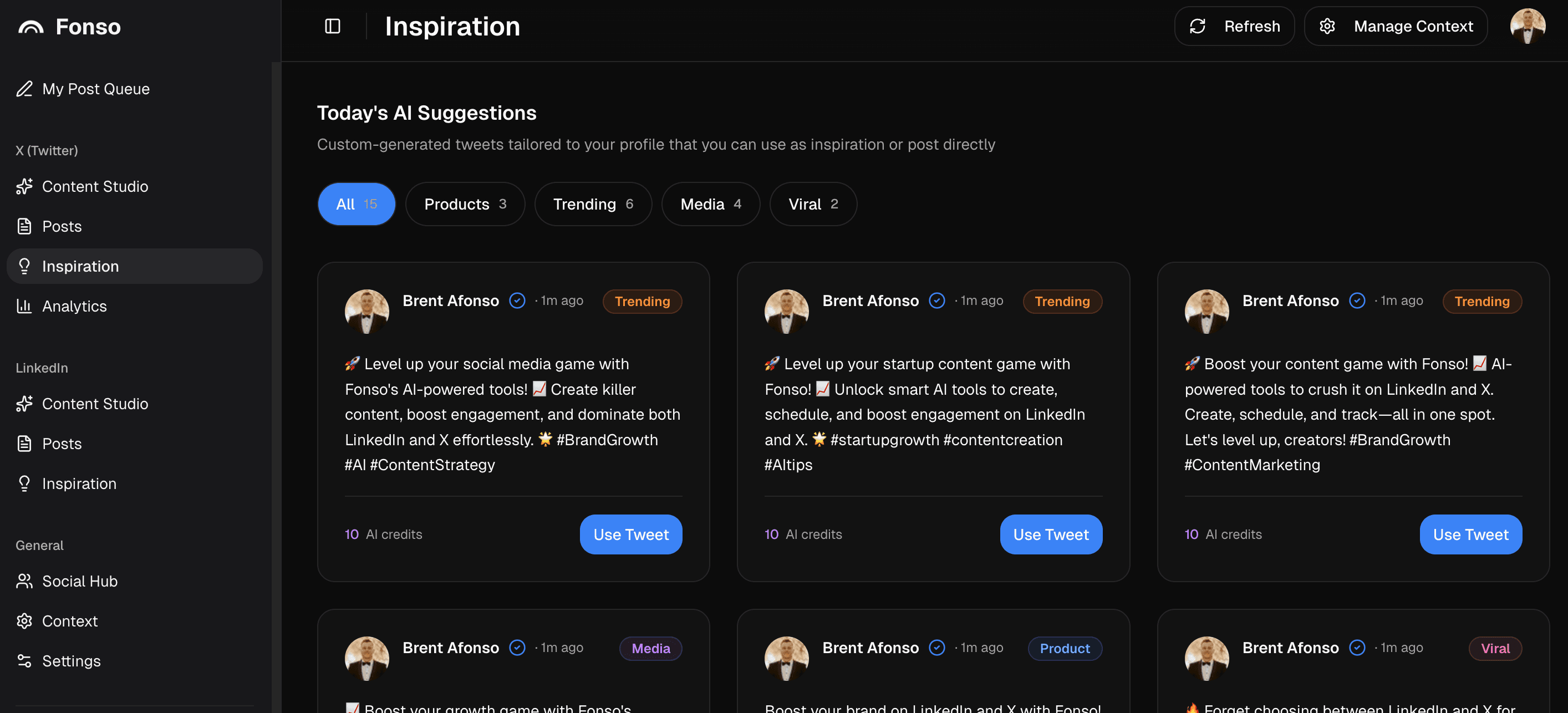 Fonso Inspiration dashboard with AI-generated post suggestions