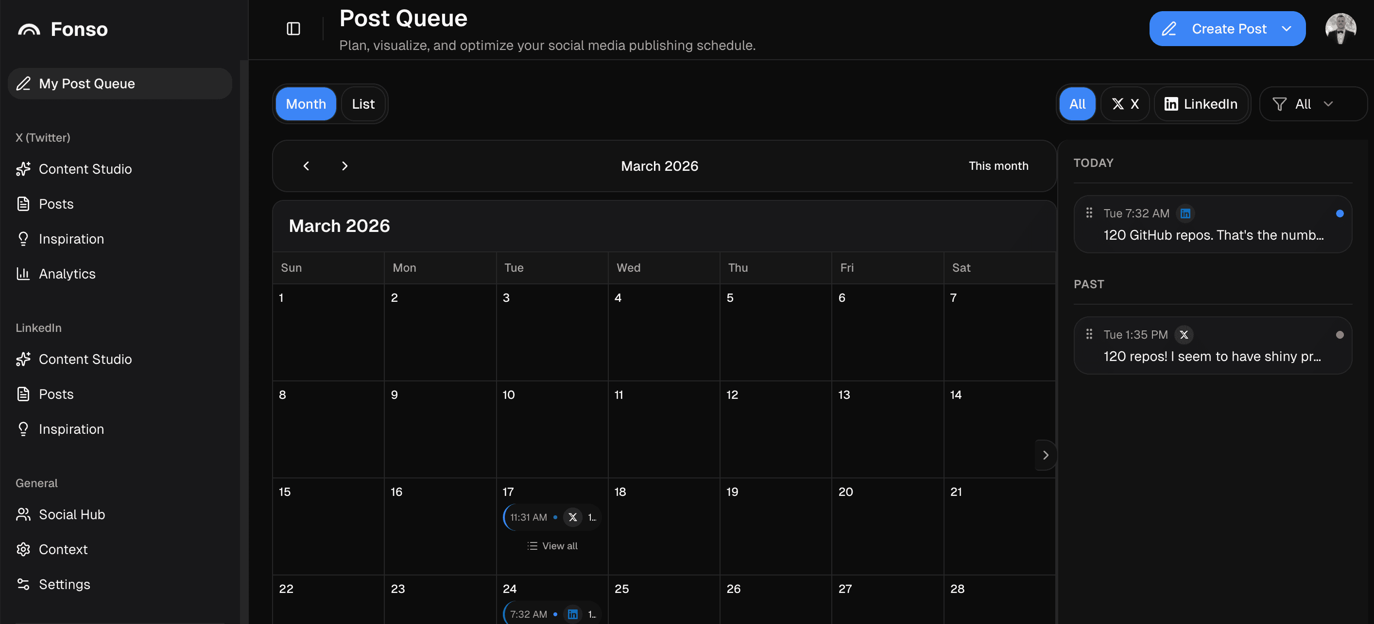 Post Queue: month view with LinkedIn and X posts scheduled in one calendar