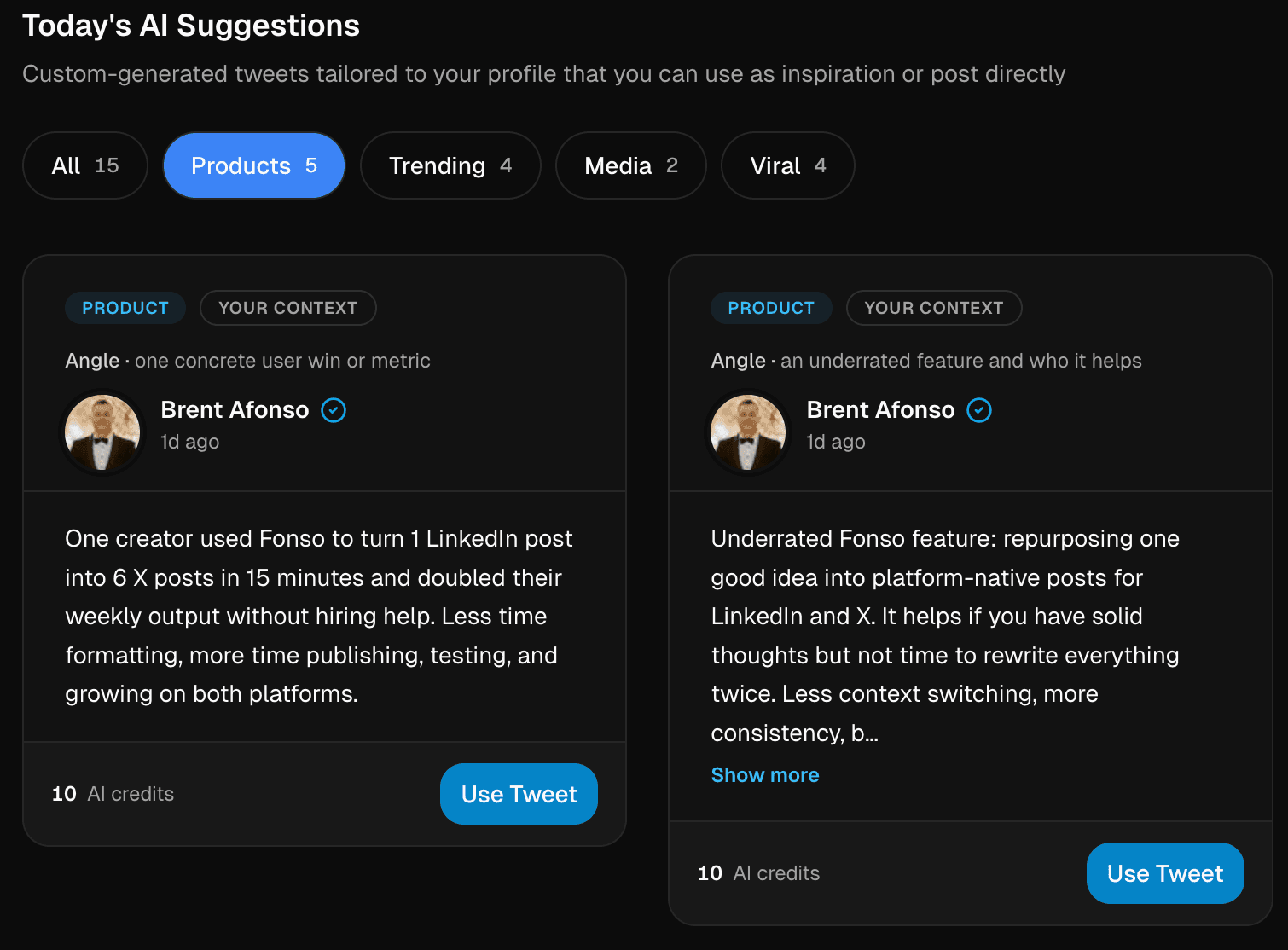 Today's AI suggestions with category filters and ready-to-use tweet cards